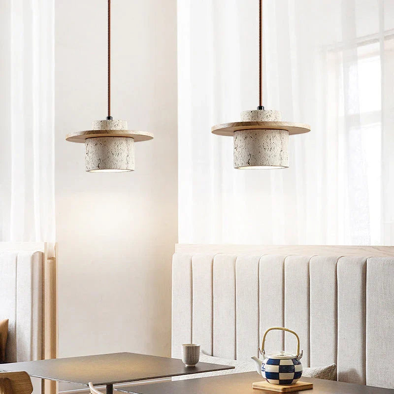 Riverstone | Pendant Light with Travertine and Wood Detailing