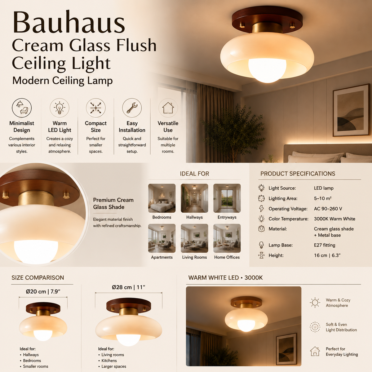 Tiberis | Cream Glass Flush Ceiling Light
