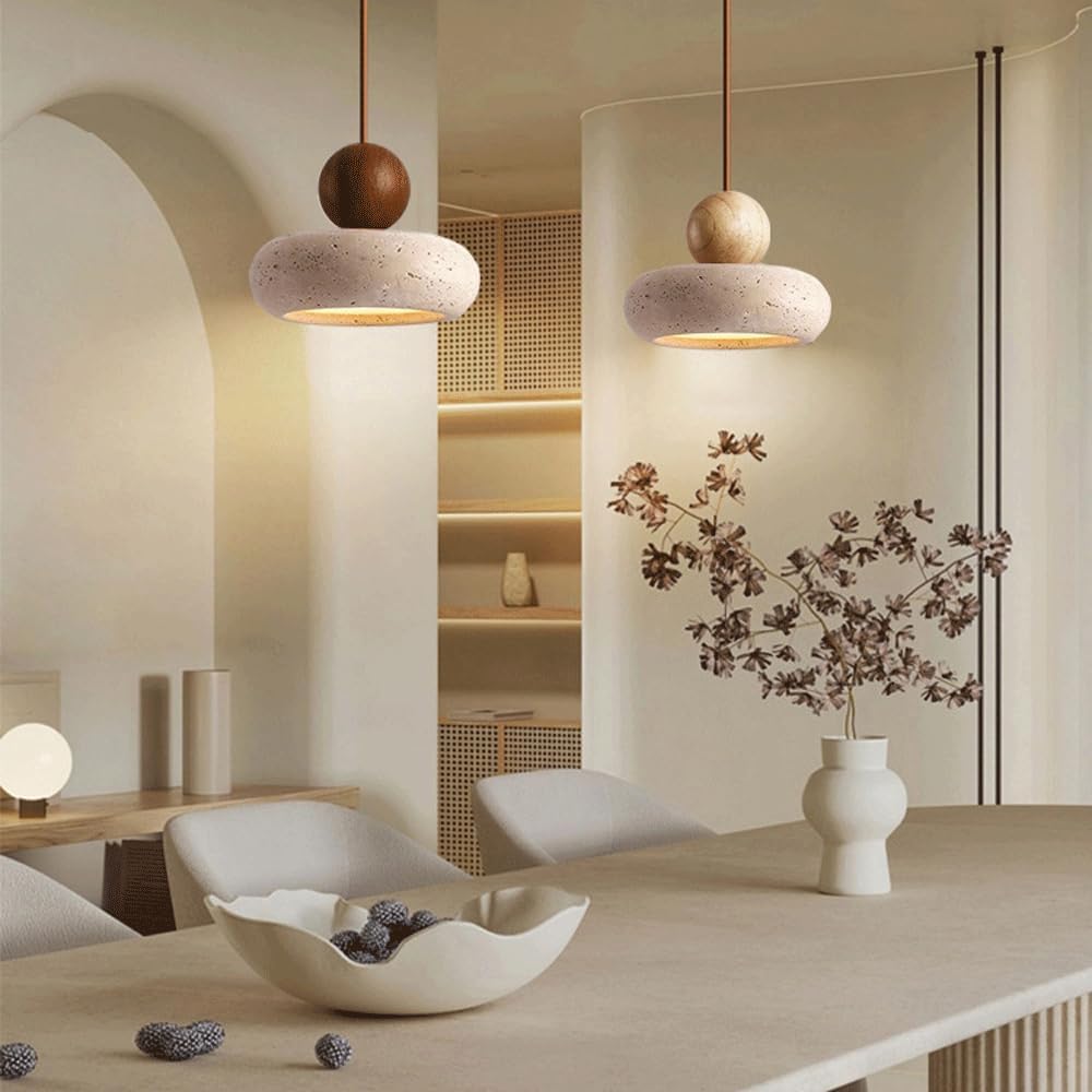 Terranova | Travertine Stone and Wood Pendant Light