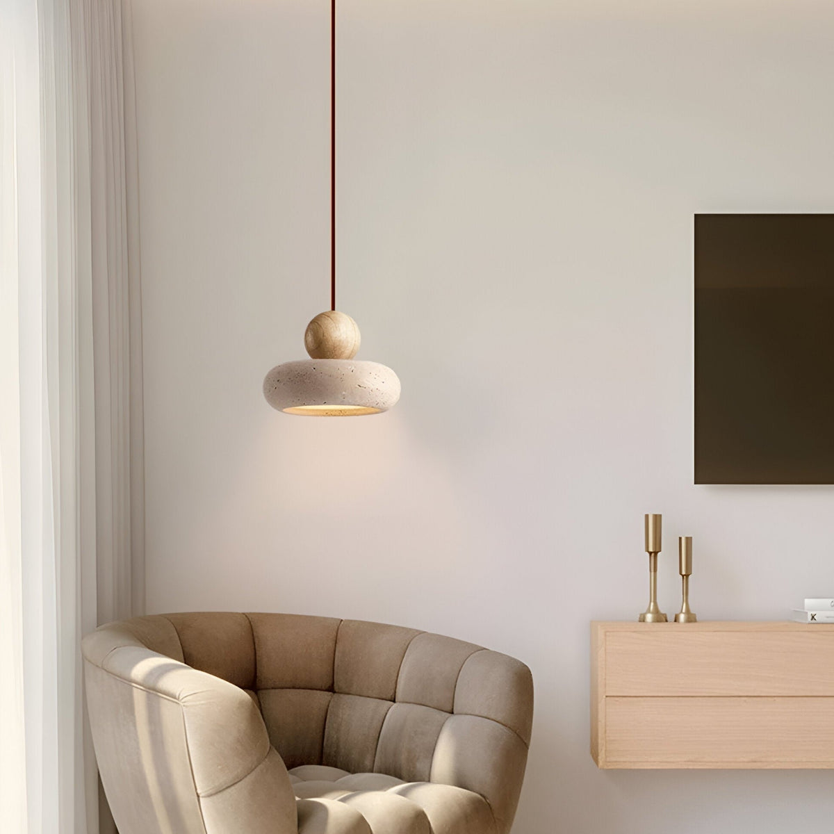 Terranova | Travertine Stone and Wood Pendant Light