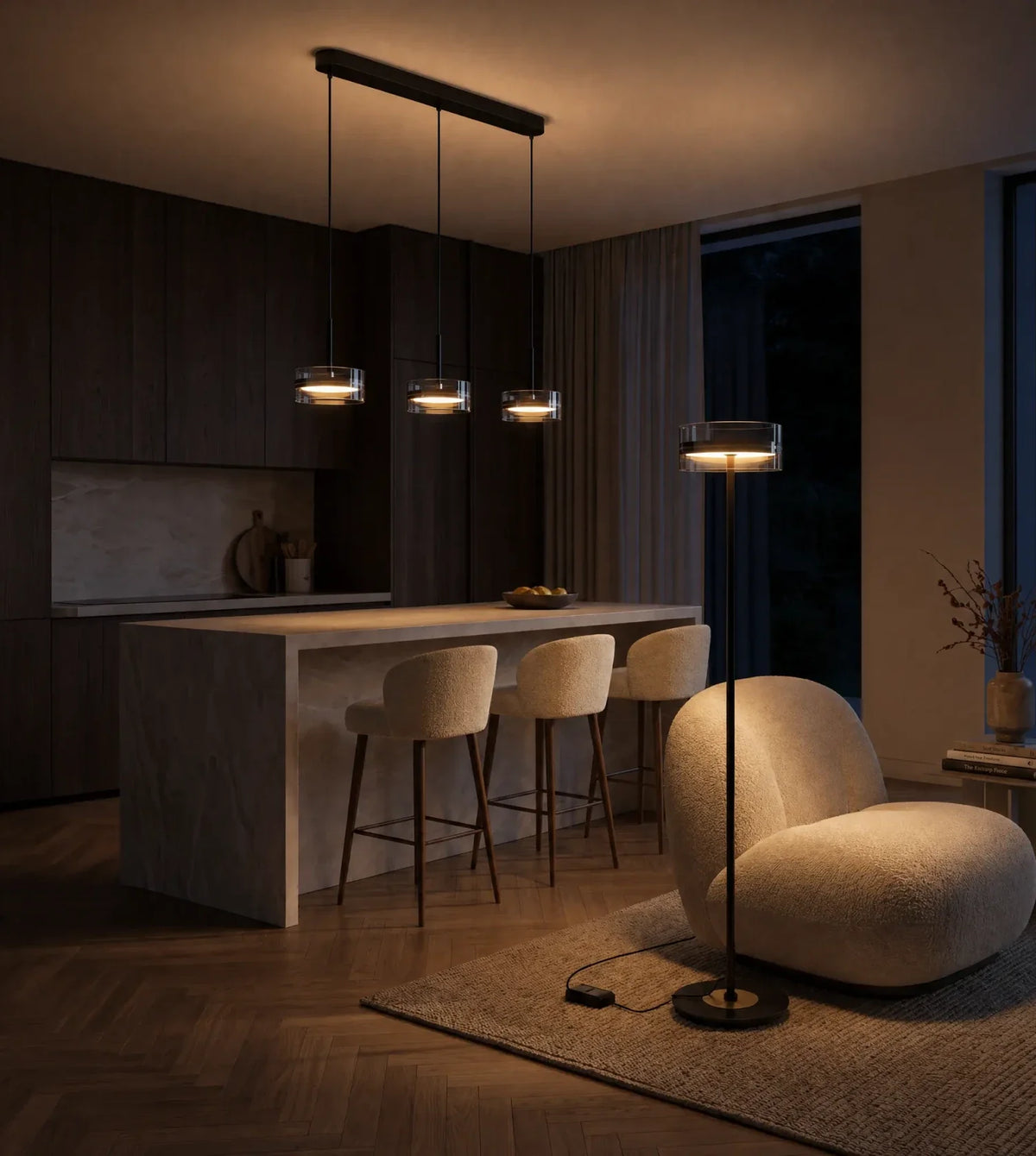 Virenya | Three-Light Pendant & Floor Lamp Set in Chrome & Black