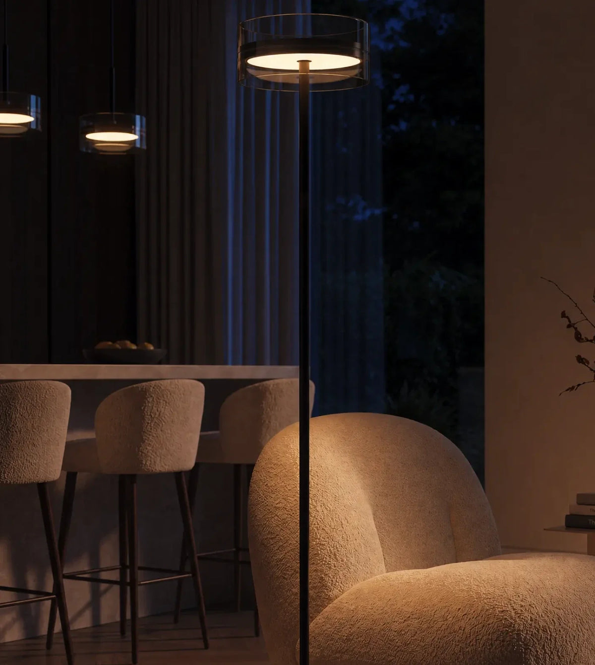 Virenya | Three-Light Pendant & Floor Lamp Set in Chrome & Black
