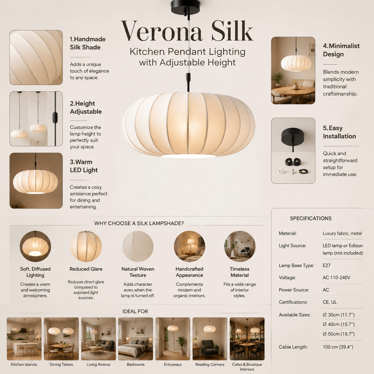 Elandra | Silk Pendant Light with Adjustable Height