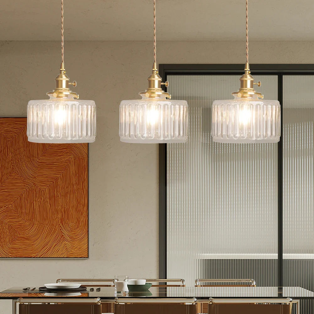 Yael | Ribbed Glass Pendant Light with Brass Fitting
