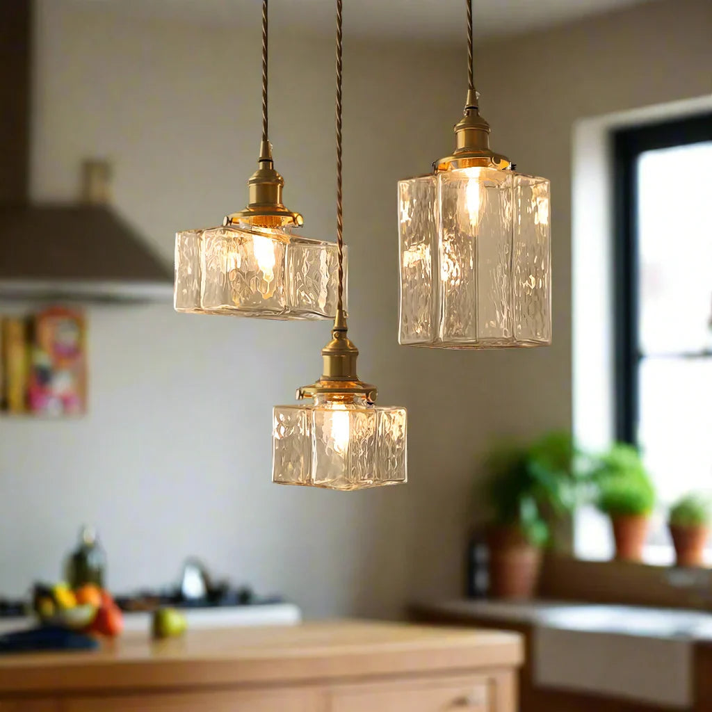 Gray | Textured Glass Pendant Light with Brass Finish